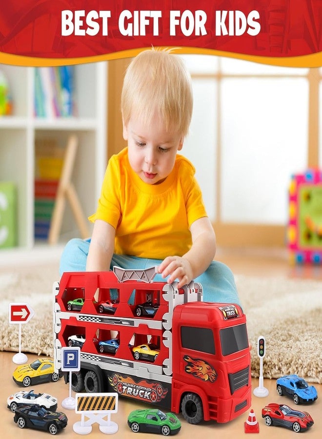 TOYVELLY مجموعة ألعاب شاحنة النقل الكبيرة من TOYVELLY مع مسارين للقذف، وحامل سيارات قابل للطي قابل للطي مع سيارتين معدنيتين، هدية للأطفال من عمر 3 سنوات فما فوق (مقطورة). - Image 2